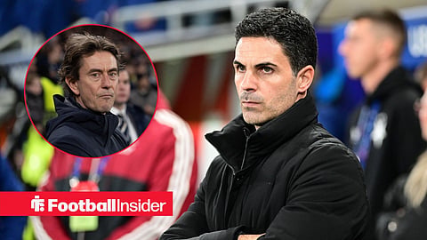 Arsenal manager Mikel Arteta stares towards Thomas Frank, who watches from a circular inset.