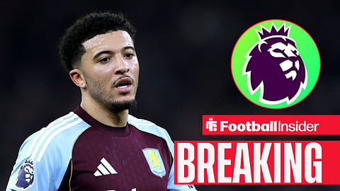 Jadon Sancho in action for Aston Villa, with the Premier League logo in a circular inset