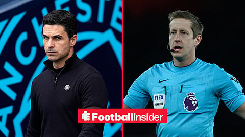 Arsenal manager Mikel Arteta stares across a split image towards Premier League referee John Brooks.
