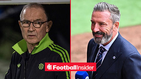 Martin O'Neill looking frustrated, with Derek McInnes grinning on the sidelines