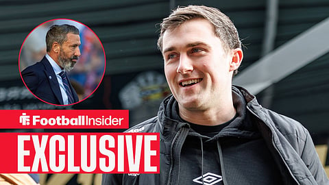 Football Insider exclusive as Rangers defender John Souttar stands before a game, while manager Derek McInnes watches from a circular inset.