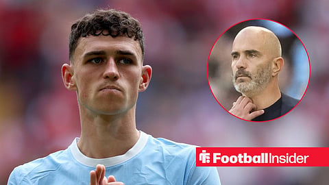 Phil Foden in action for Man City, with Enzo Maresca in a circular inset