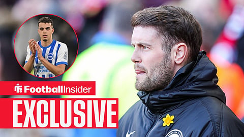 Football Insider exclusive as Brighton manager Fabian Hurzeler stares towards midfielder Yasin Ayari, who applauds in a circular inset.