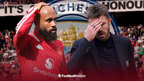 Bryan Mbeumo and Michael Carrick both standing in front of a Manchester City badge, looking disappointed at Old Trafford