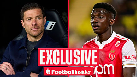 Football Insider exclusive as Chelsea manager Xabi Alonso stares across a split image towards Monaco midfielder Lamine Camara.