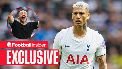 Football Insider exclusive as Tottenham striker Richarlison stares towards manager Roberto De Zerbi, who looks angry in a circular inset.