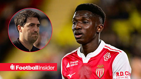 Lamine Camara in action for Monaco, with Andoni Iraola in a circular inset