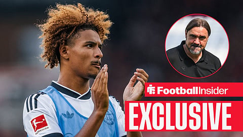 Football Insider exclusive as Jean-Matteo Bahoya applauds, while Leeds manager Daniel Farke watches from a circular inset.
