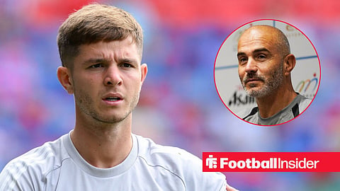 James McAtee of Nottingham Forest warms up ahead of kick-off during the Premier League match between Crystal Palace and Nottingham Forest at Selhurst Park in London, England, on August 24, 2025 / Enzo Maresca, a coach of Manchester City F.C. during Pre-Match press conference at Kai Tan Stadium