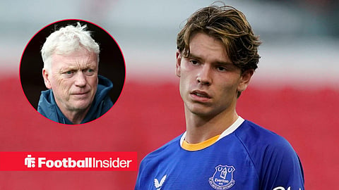 Tyler Dibling in action for Everton, with David Moyes in a circular inset