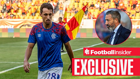 Football Insider exclusive as Rangers striker Bojan Miovski warms up for a game, while manager Derek McInnes watches from a circular inset.