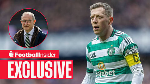 Football Insider exclusive as Celtic midfielder Callum McGregor stares towards manager Martin O'Neill, who watches from a circular inset.