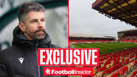 Football Insider exclusive as Aberdeen manager Stephen Robinson stares across a split image towards Pittodrie.