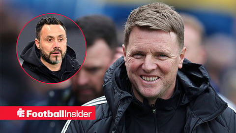 Eddie Howe walking on sideline smiling with Roberto De Zerbi on sideline left inset