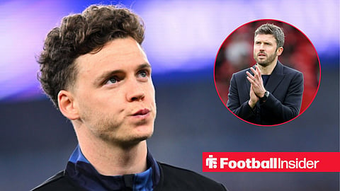 Brighton defender Maxim De Cuyper looks on / Michael Carrick, Manager of Manchester United applauds the fans after the Premier League match between Manchester United and Crystal Palace at Old Trafford on March 1, 2026