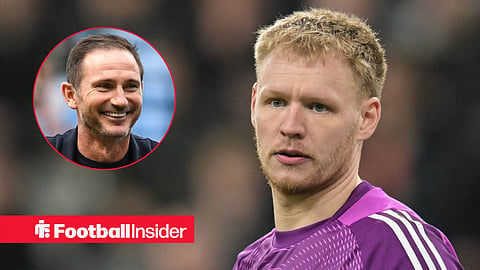 Aaron Ramsdale in action with Frank Lampard smiling on pitch left inset