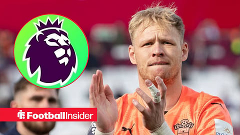 Aaron Ramsdale in action for Southampton, with the Premier League logo in a circular inset