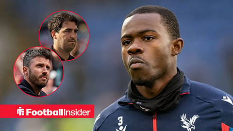 Tyrick Mitchell pre-match for Crystal Palace, with Michael Carrick and Andoni Iraola in circular insets