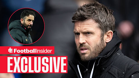 Football Insider exclusive as Manchester United manager Michael Carrick stares towards Ruben Amorim, who watches from a circular inset.