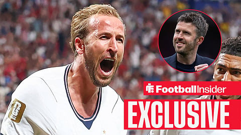 Harry Kane celebrating a goal with Michael Carrick celebrating toward fans right inset