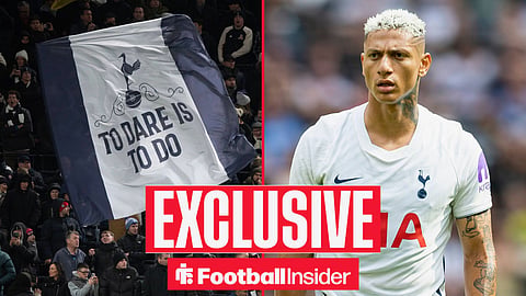 Football Insider exclusive as Tottenham fans and striker Richarlison feature on either side of a split image.