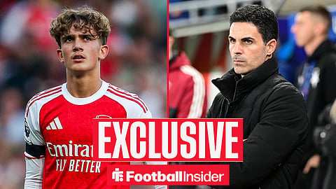 Football Insider exclusive as Arsenal starlet Max Dowman stares across a split image towards manager Mikel Arteta.