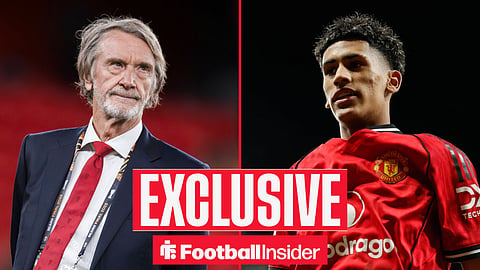 Football Insider exclusive as Manchester United owner Sir Jim Ratcliffe stares across a split image towards young prodigy JJ Gabriel.