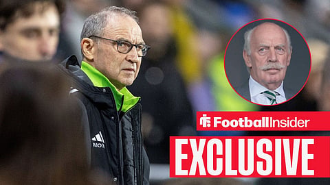 Football Insider exclusive as Celtic manager Martin O'Neill stares towards owner Dermot Desmond, who looks concerned in a circular inset.