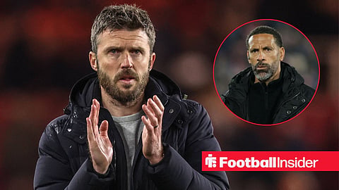 Manchester United manager Michael Carrick applauds, while Rio Ferdinand watches from a circular inset.