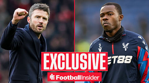 Football Insider exclusive as Man United manager Michael Carrick punches the air, while Crystal Palace defender Tyrick Mitchell warms up on the other side of a split image.