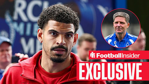 Football Insider exclusive as Nottingham Forest midfielder Morgan Gibbs-White stares towards manager Oliver Glasner, who watches from a circular inset.