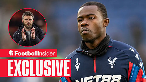 Football Insider exclusive as Crystal Palace defender Tyrick Mitchell stares towards Manchester United manager Michael Carrick, who watches from a circular inset.