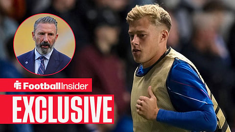 Football Insider exclusive as Connor Barron warms up, while Rangers manager Derek McInnes watches from a circular inset.