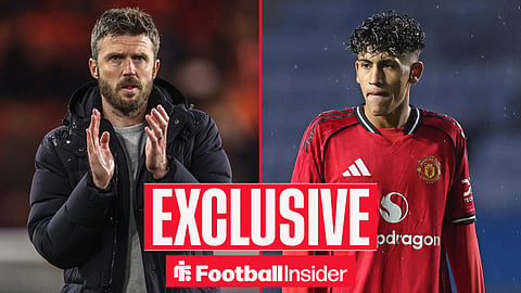 Football Insider exclusive as Man United manager Michael Carrick applauds, while JJ Gabriel is in action on the other side of a split image.