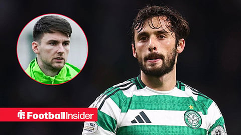 Marcelo Saracchi in action for Celtic with Kieran Tierney in training left inset