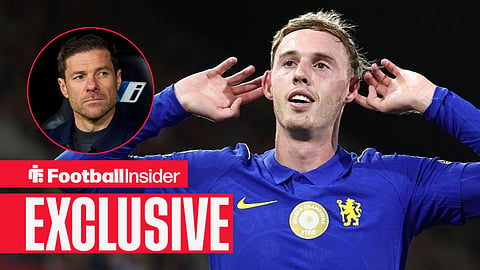 Football Insider exclusive as Chelsea star Cole Palmer celebrates a goal, while manager Xabi Alonso watches from a circular inset.