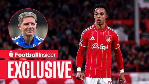 Football Insider exclusive as Omari Hutchinson is in action, while Nottingham Forest manager Oliver Glasner watches from a circular inset.