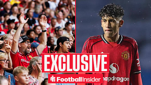 Football Insider exclusive as Manchester United fans and JJ Gabriel feature on either side of a split image.