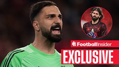 Football Insider exclusive as Liverpool goalkeeper Giorgi Mamardashvili is in action, while Alisson watches from a circular inset.