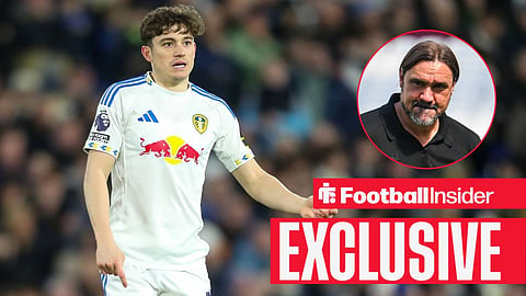 Football Insider exclusive as Leeds winger Daniel James stares towards manager Daniel Farke, who watches from a circular inset.