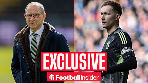 Football Insider exclusive as Celtic manager Martin O'Neill stares across a split image towards goalkeeper Viljami Sinisalo.