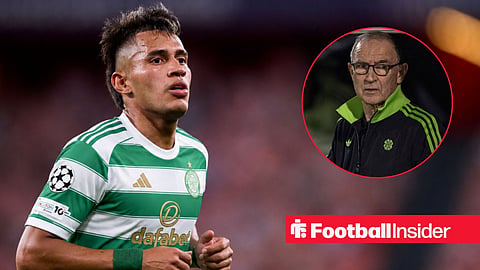 Camilo Duran of Qarabag FK, wearing a Celtic 26-27 home shirt, looks on during the UEFA Champions League 2025-26 League Phase MD3 match between Athletic Club and Qarabag FK at San Mames on October 22, 2025 / Celtic manager Martin O'Neill looks on from the dugout
