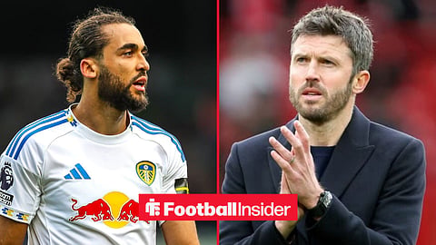Dominic Calvert-Lewin in action for Leeds, with Michael Carrick on the sidelines