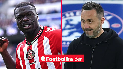Brian Brobbey celebrating a goal for Sunderland, with Roberto De Zerbi on the sidelines at Tottenham