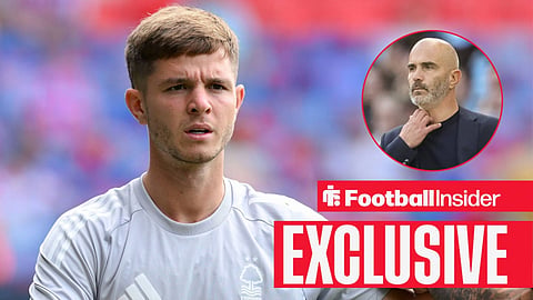 Football Insider exclusive as Nottingham Forest midfielder James McAtee warms up, while Man City manager Enzo Maresca watches from a circular inset.
