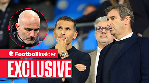 Manchester City chairman Khaldoon Al Mubarak speaks with CEO Ferran Soriano with Enzo Maresca inset