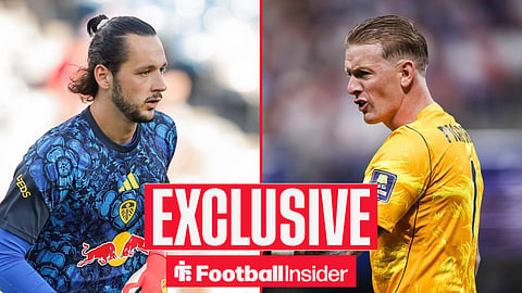 Football Insider as Leeds goalkeeper James Trafford and Everton gloveman Jordan Pickford feature on either side of a split image.