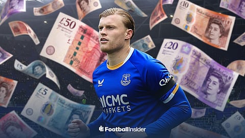 Everton defender Jarrad Branthwaite surrounded by falling money at the Hill Dickinson Stadium