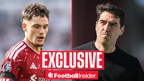 Football Insider exclusive as Liverpool midfielder Florian Wirtz and manager Andoni Iraola feature on either side of a split image.