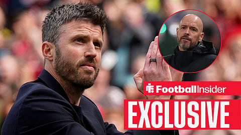 Michael Carrick clapping fans with Erik ten Hag on sideline right inset